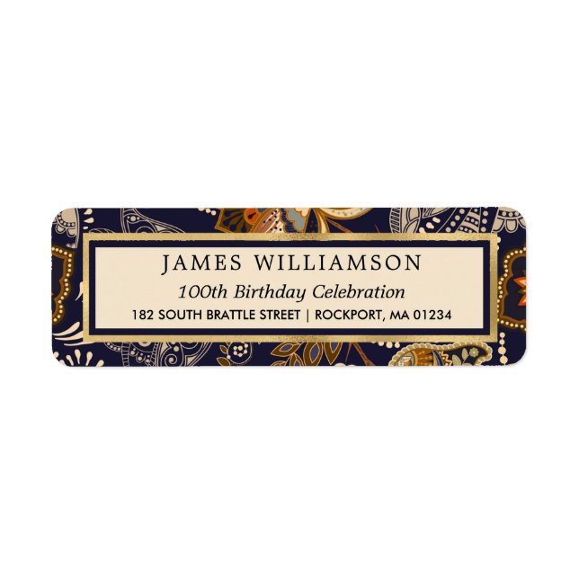Blått Guld Mönster 100:e födelsedag Returadress Etikett (Framsidan)