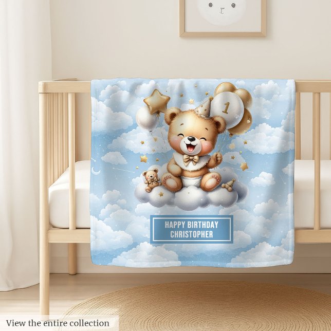 Blått Guld-Nalle med nummer 1 på födelsedagen Fleecefilt (Blue Gold Teddy Bear With Number 1 Birthday Blanket)