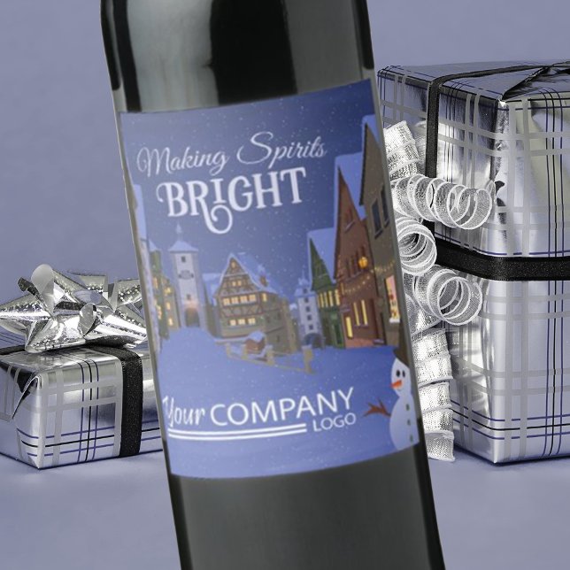 Blått, Guld Natt, gammal julstad Vinflaska Etikett (company Christmas logo wine labels, corporate holiday stickers, blue bavarian shops old town lights)