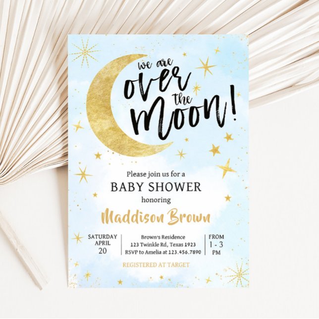 Blått Guld över Måne babyduschen Inbjudningar (Moon and Stars Baby Shower Invitation)