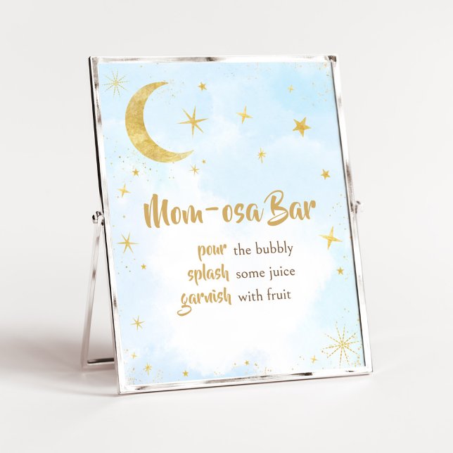 Blått Guld över Måne babyduschen Mamma Osa Pub Poster (Moon and Stars Baby Shower Mom Osa Bar Sign)