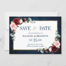 Blått Guld Ram i Burgundy Blommigt Spara datum