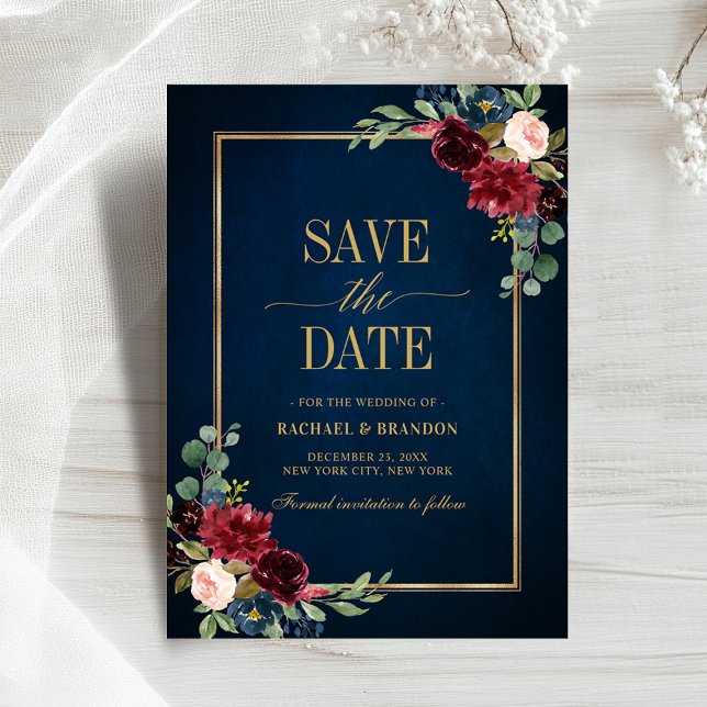 Blått Guld Ram i Burgundy Blommigt Spara datum (Burgundy Floral Navy Blue Gold Frame Save the Date card)