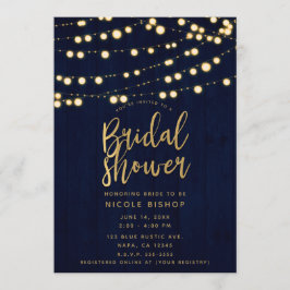 Blått Guld Rustik Trä & Ljus Bröllopsfest Inbjudningar