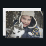 Blått & guld- snöig ljus Hanukkah fotokort för Julkort<br><div class="desc">Det stilfulla och gulliga kortet för det Hanukkah helgdagfotoet är perfekt för all din vänner och familj denna julhelg. Särdragblåttvattenfärgen målar slår på baksidaen med guld- stjärnor och snöflingor på baksidaen. Bekläda har guld- snöflingor och guld- "kärlek och tänder.", Skräddarsy texten med ditt efternamn och året och byt ut bilden...</div>