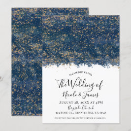 Blått Guld Stänk Modern Glam Bröllop Äktenskap Inbjudningar