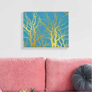 Blått Guld Träd Grenar-Mönster Canvastryck