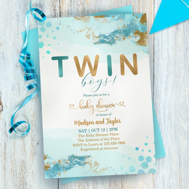 Blått Guld Twin Boy Shower-inbjudan Inbjudningar (Skapare uppladdad)