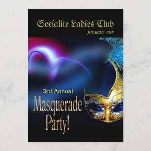 Blått & guld- Venetian maskeraddräktparty Inbjudningar