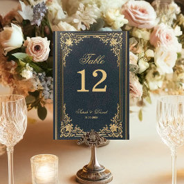 Blått Guld Vintage Elegant Bröllopskrift Bordsnummer