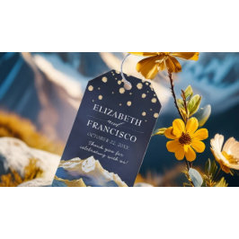 Blått guldfärgat golvberg utomhus Bröllop Presentetikett