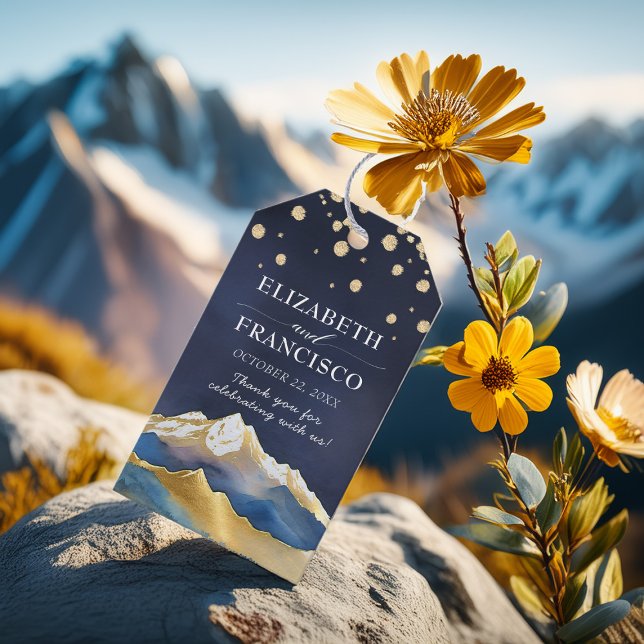 Blått guldfärgat golvberg utomhus Bröllop Presentetikett (Skapare uppladdad)