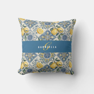 Blått Gult Akvarell Citron Monogram Namn Kudde