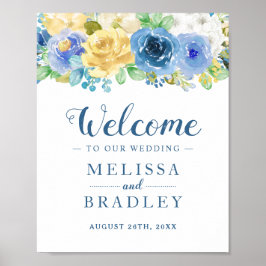 Blått Gult Blommigt Botaniskt Garden Wedding Sign Poster
