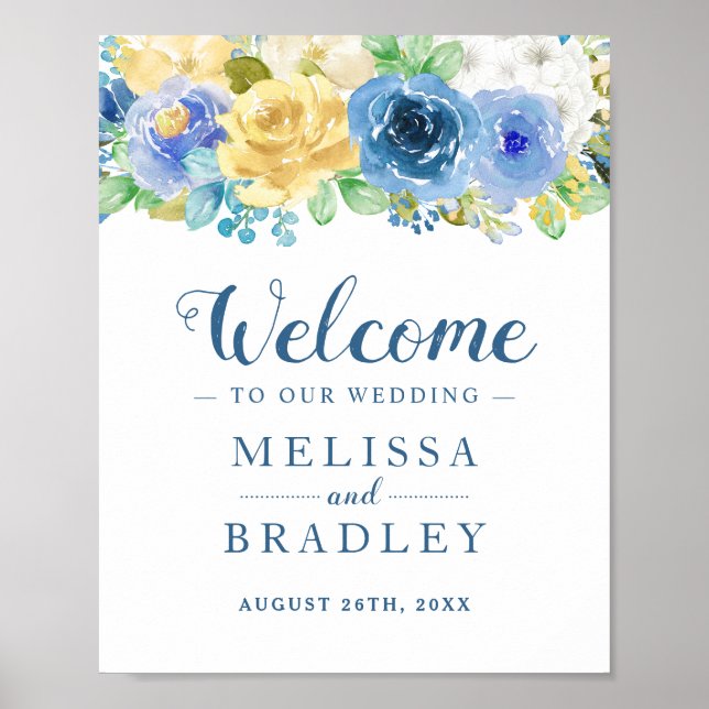 Blått Gult Blommigt Botaniskt Garden Wedding Sign Poster (Framsidan)