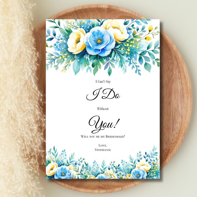 Blått Gult Blommigt Brudens sida Frieri kort (Blue yellow watercolor floral bridesmaid maid of honor Bridal Party proposal card, Printed or digita)
