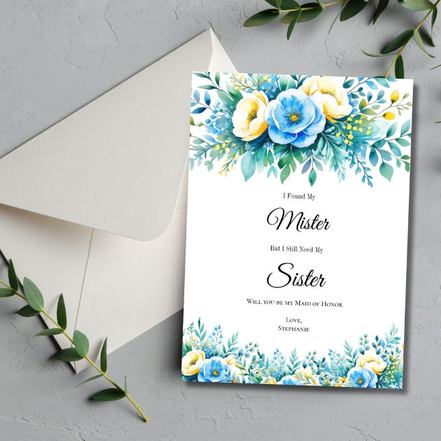 Blått Gult Blommigt Brudens sida Frieri kort (Blue yellow watercolor floral Bridesmaid Maid of Honor Proposal card. Printed or Digital download)