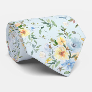 Blått Gult Blommigt Vattenfärg Neck Tie Necktie Slips