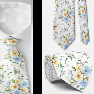 Blått Gult Blommigt Vattenfärg Neck Tie Necktie Slips