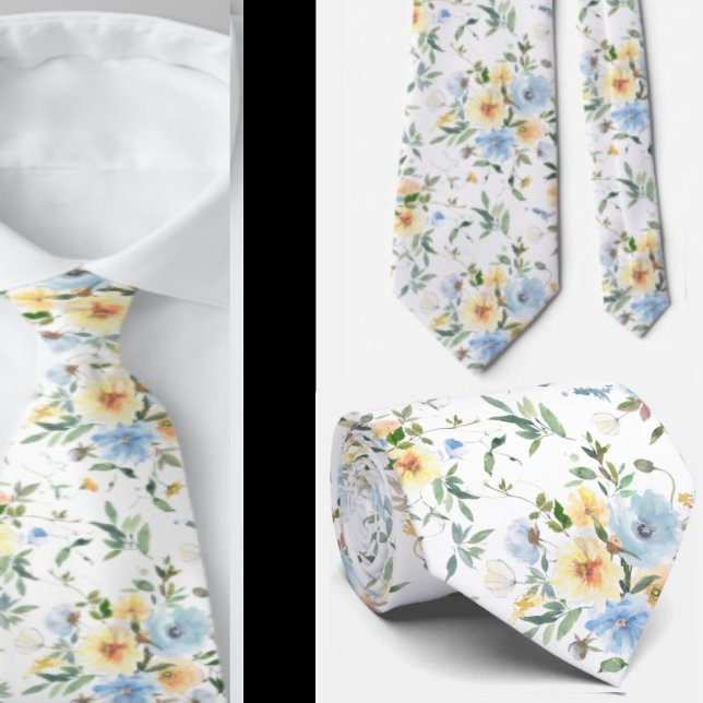Blått Gult Blommigt Vattenfärg Neck Tie Necktie Slips (Skapare uppladdad)