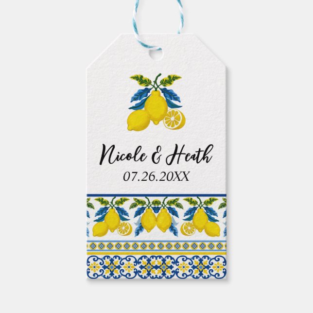 Blått Gult Citron Vattenfärg Medelhavet Bröllop Presentetikett (Framsidan)