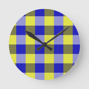 Blått Gult Gingham Checkdesign Rund Klocka