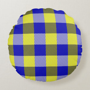 Blått Gult Gingham Checkdesign Rund Kudde