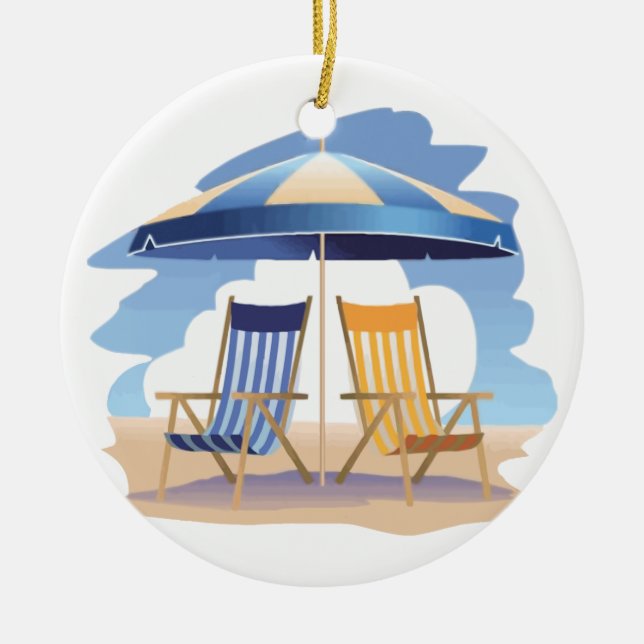 Blått & gult görat randig strandstolar & paraply julgransprydnad keramik (Framsidan)