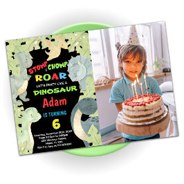 Blått Gult Grönt Dinosaur Birthday med Photo Inbjudningar