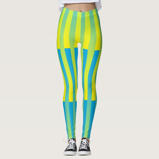 Blått Gult Grönt stripe Mönster Leggings (Framsida)