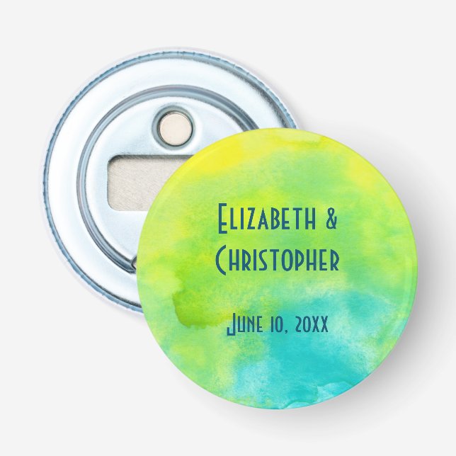 Blått Gult Grönt Vattenfärg Keepsaké Bröllop Flasköppnare (Framsidan)