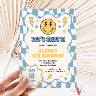 Blått Gult Groovy Smile Checkated Retro Birthday Inbjudningar