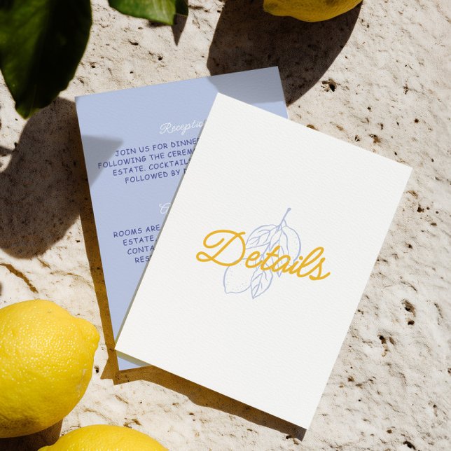 Blått & Gult Italienskt Citronbröllopskort med det Tilläggskort (Blue & Yellow Italian Lemon Wedding Details Card)