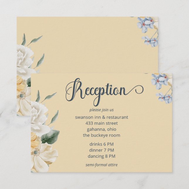 Blått Gult och vit Blommigt - bröllopsmottagning Tilläggskort (Fram/baksida)