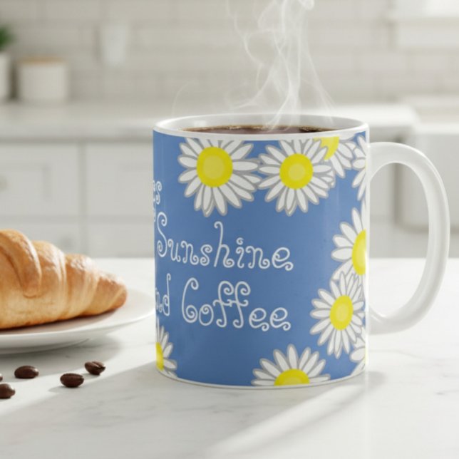 Blått Gult och Vit Daisy Cute Sstickande Kaffemugg (Skapare uppladdad)