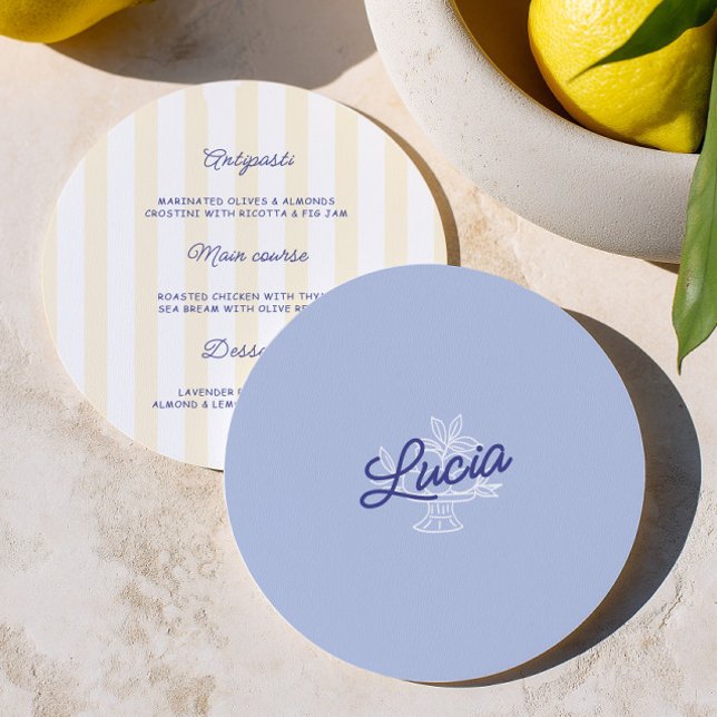Blått & Gult Runt Bröllopsplatskort & Meny Inbjudningar (Blue & Yellow Round Wedding Place Card & Menu)