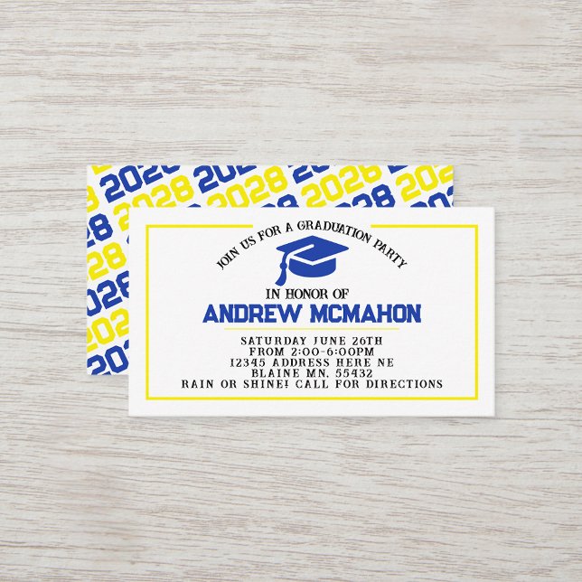 Blått Gult Studenten Inbjudan, meddelande infognin (Blue & Yellow Mini Graduation Invitations for friends, classmates, teammates or announcement inserts)