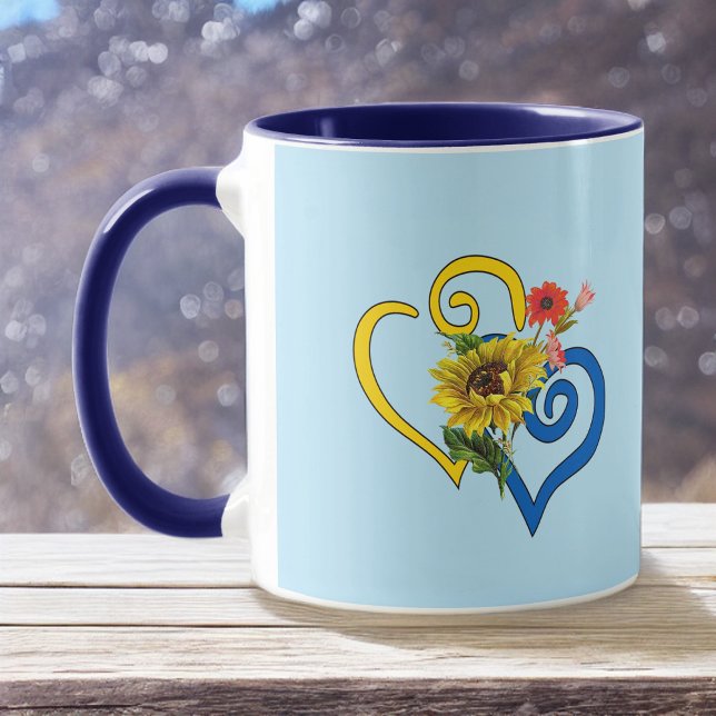 Blått Gult Twisted Heart med solros på Blue Mugg (Skapare uppladdad)