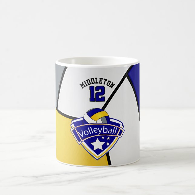 Blått-, gult-, vit- och gråttvolleybolldesign kaffemugg (Center)