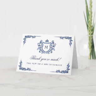 Blått Handritad Vintage Vapensköld Monogram Bröllo Tack Kort