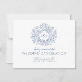 Blått handritat lövmonogram bröllopsabsage meddelande
