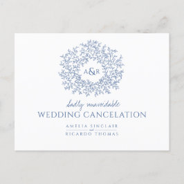 Blått handritat lövmonogram för inställd bröllopsd meddelande vykort