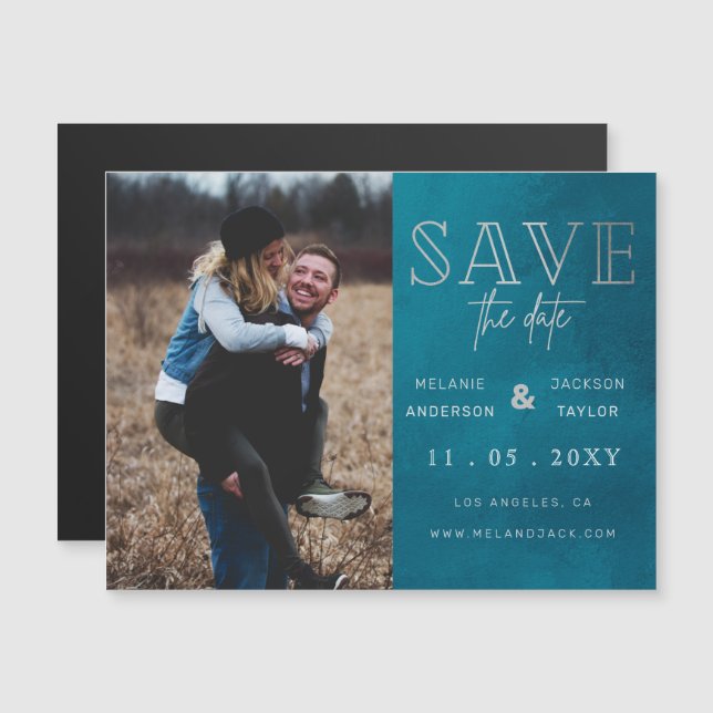 Blått handskrivet foto Spara datum för Snyggt Magnetisk Inbjudningskort (Fram/baksida)