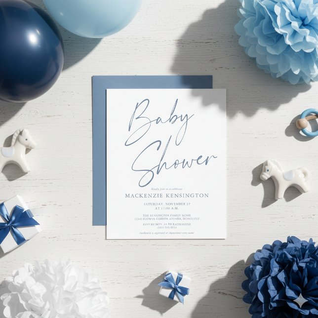 Blått handskrivet handskrivet skript - babyvisning (Budget Dusty Blue Handwritten Script Baby Shower Invitations)
