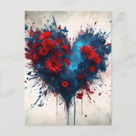 Blått hjärta brinner med röda blommor vykort