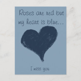 Blått hjärta i blått - jag saknar dig vykort