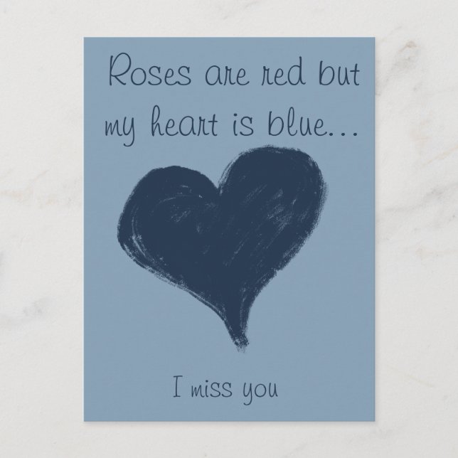Blått hjärta i blått - jag saknar dig vykort (Framsida)