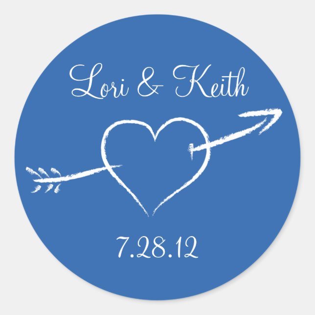 Blått hjärta och pil runt klistermärke (Framsida)