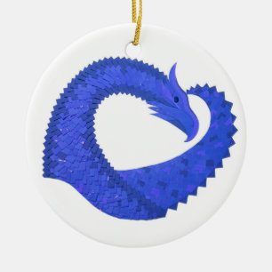 Blått hjärtdrake på vit julgransprydnad keramik