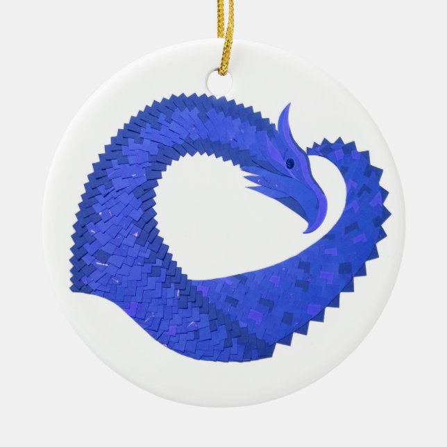 Blått hjärtdrake på vit julgransprydnad keramik (Framsidan)